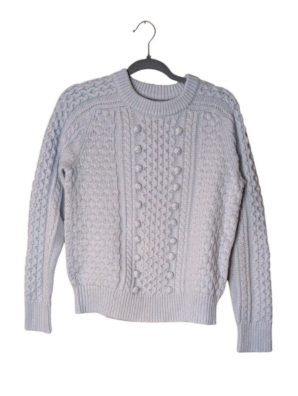 NWT J.Crew Cable Knit Popcorn Bobble Sweater Light Blue Lambs Wool Blend Small